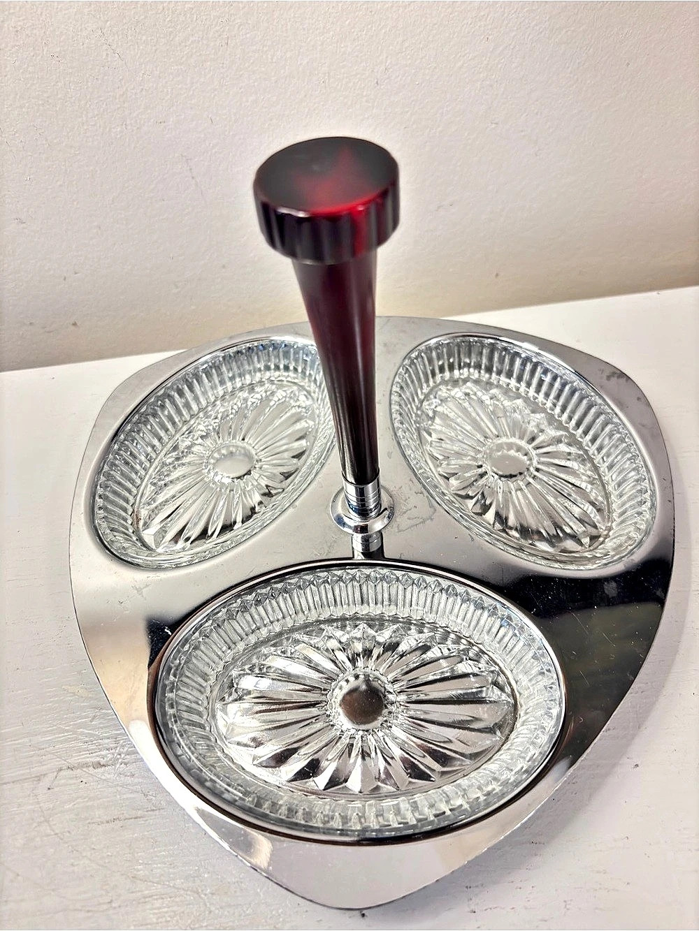 MCM~ Gourmates Three-Compartment Serving Tray Silver plate ~ glass inserts x3~